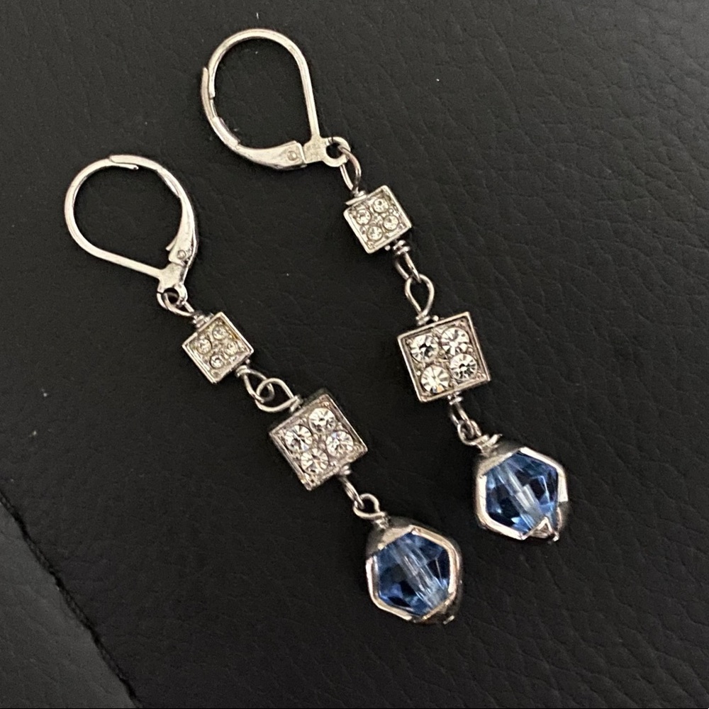 Silver drop dangle earrings blue crystal